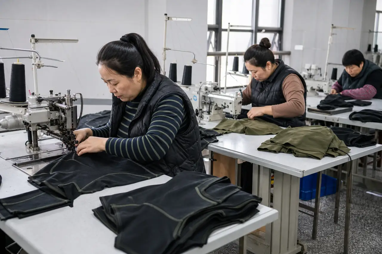 Chinese sewing operators assembling technical thermal garments