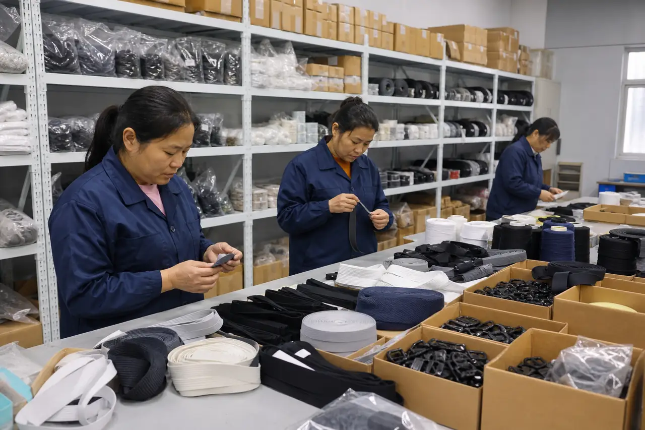 Chinese garment factory workers preparing apparel trims and components