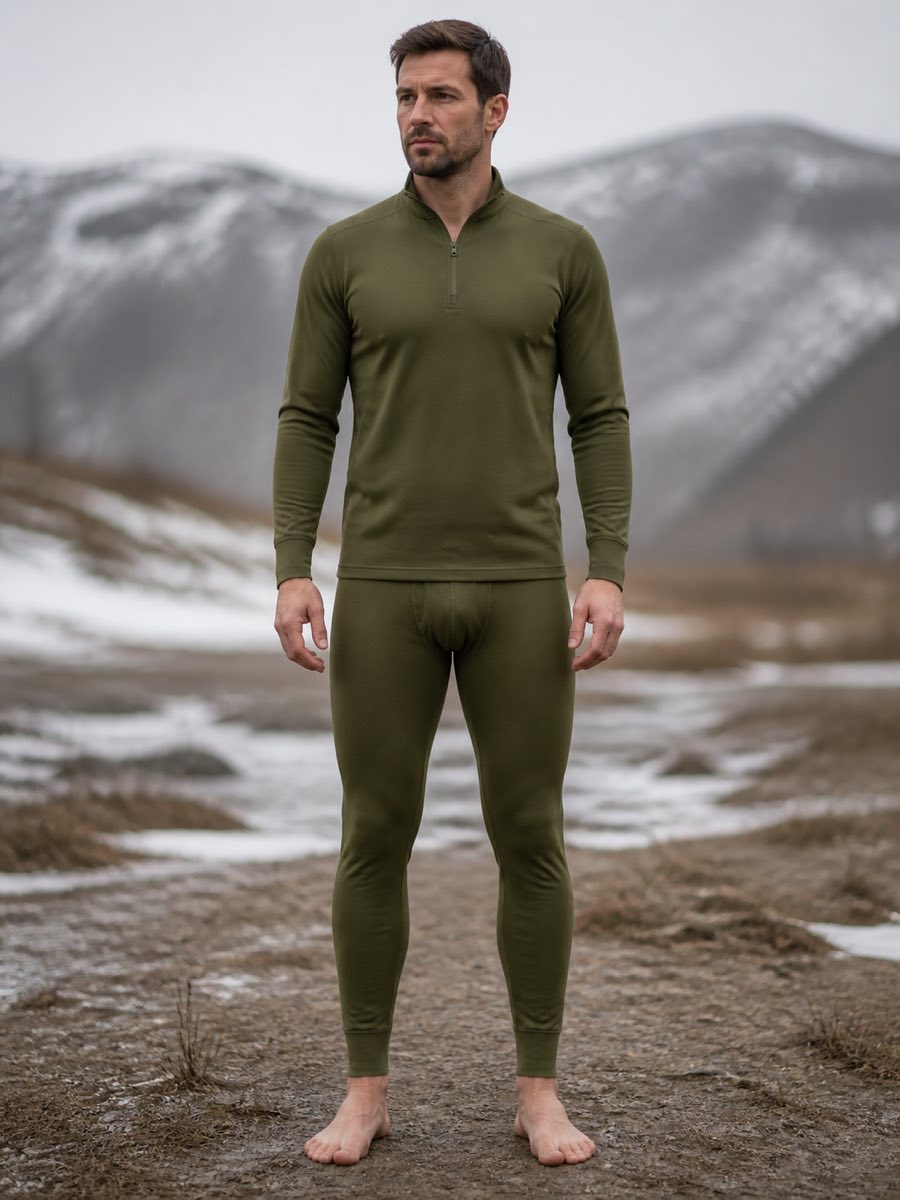 Illustrative wearing view of the olive green Military Thermal Underwear Set
