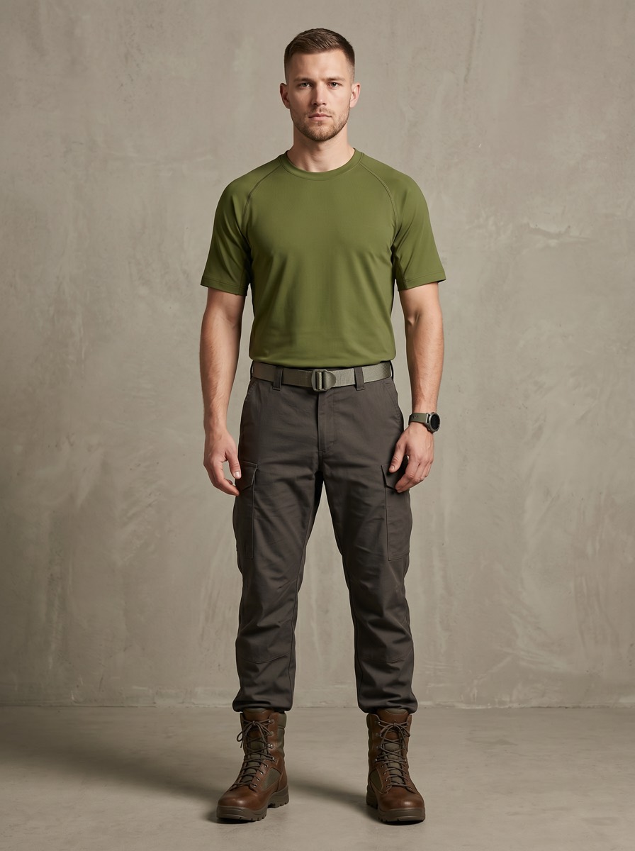 Wearing view of the olive green Military Cooling T-Shirt