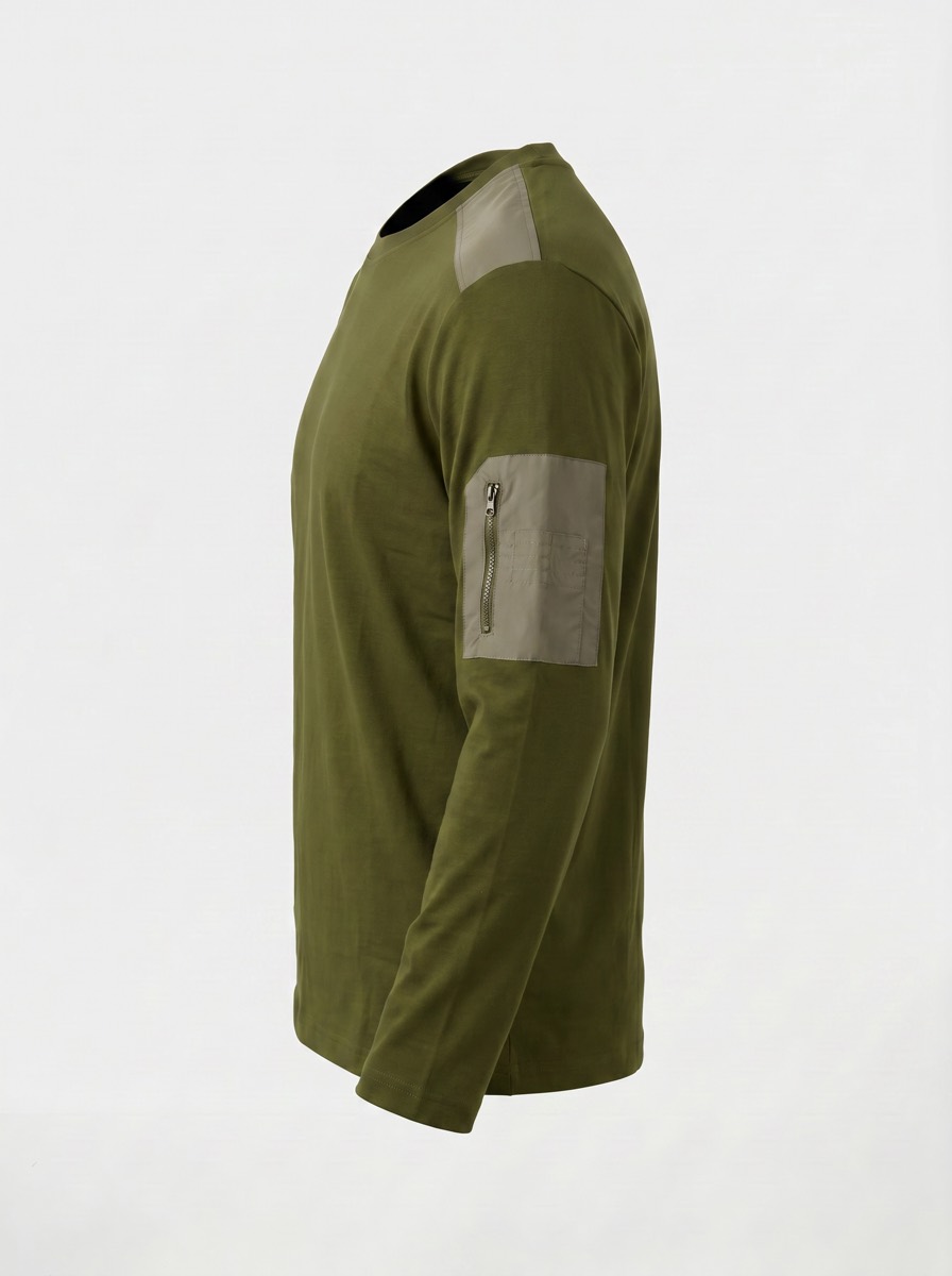Wearing view of the olive green Military Long-Sleeve T-Shirt