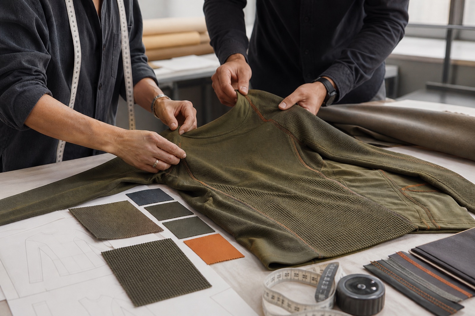 Concept visual of an OEM development team reviewing a thermal garment prototype and fabric swatches