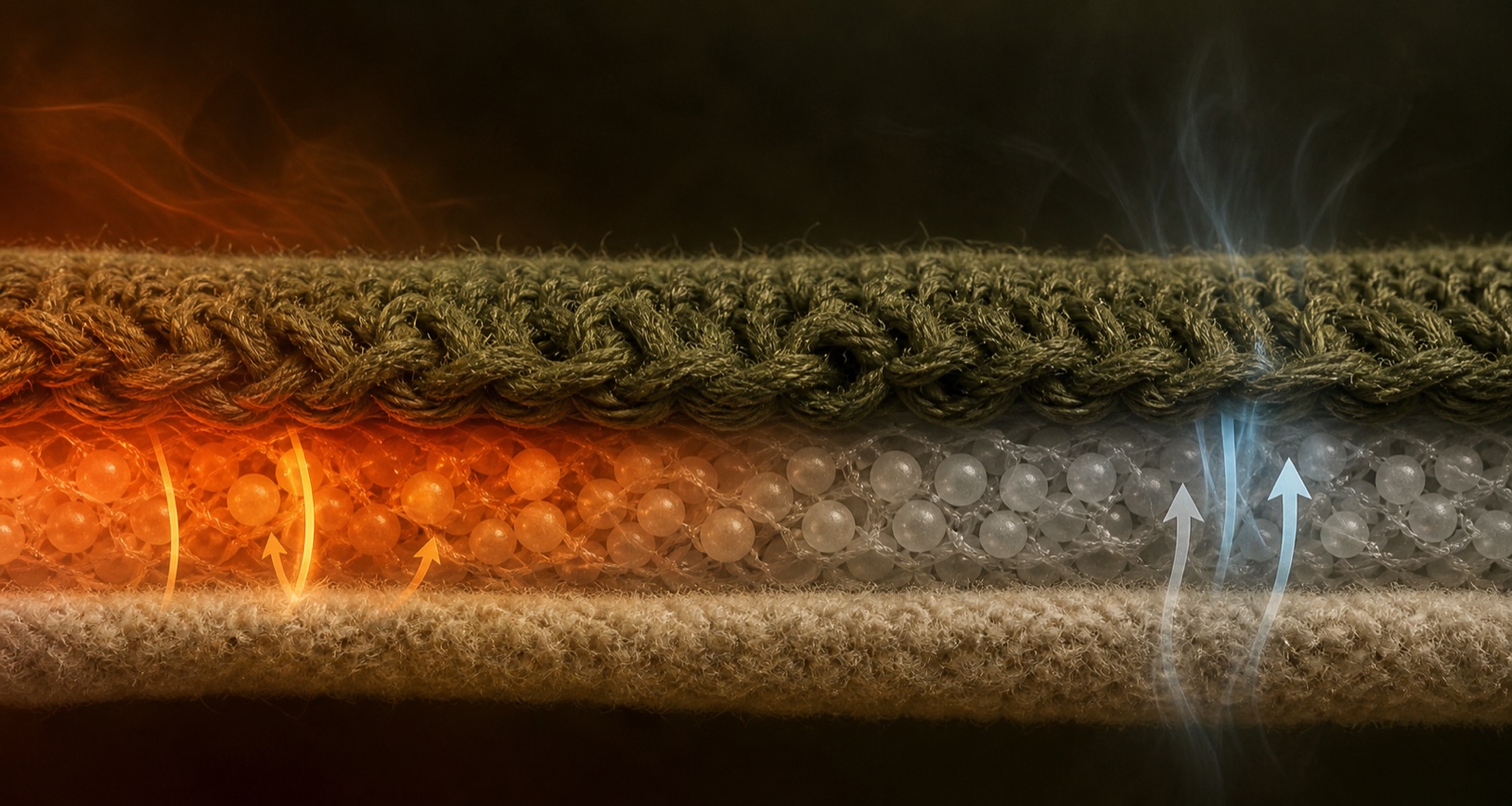 Concept visualization of phase-change microcapsules regulating heat through layered technical fabric