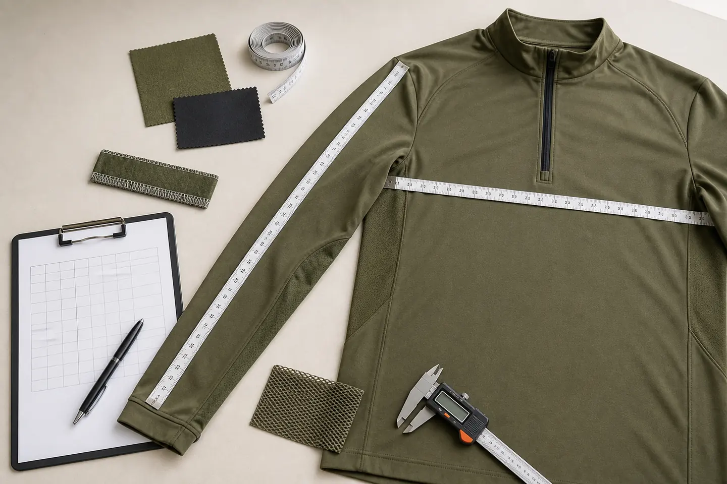 Illustrative flat-lay of an olive technical garment with measuring tape, seam sample, fabric swatches and inspection tools