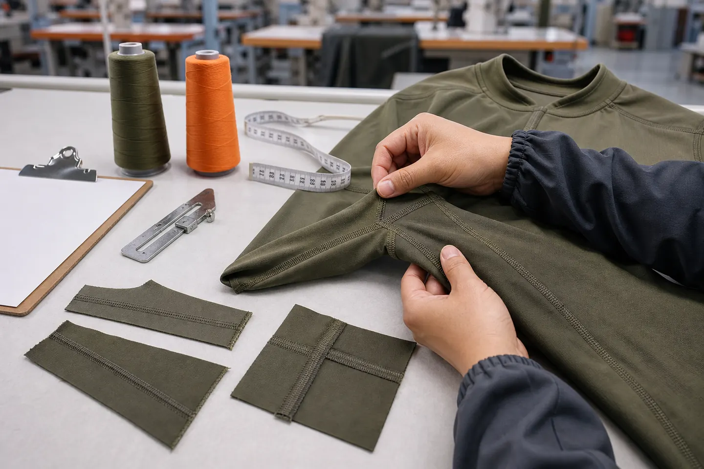 Conceptual close-up of a Chinese garment technician reviewing flatlock seams and reinforced junction samples on an olive technical base layer