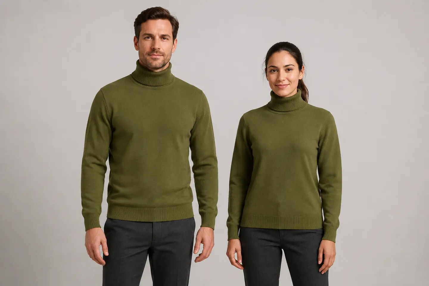 Adult male and female models wearing olive-green turtleneck sweaters in an AI-generated studio fitting concept