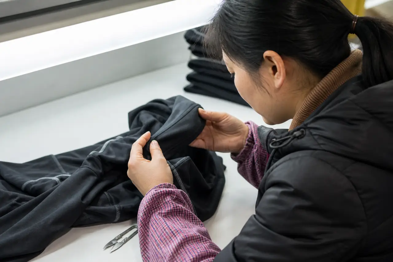 Chinese quality inspector checking final garment workmanship