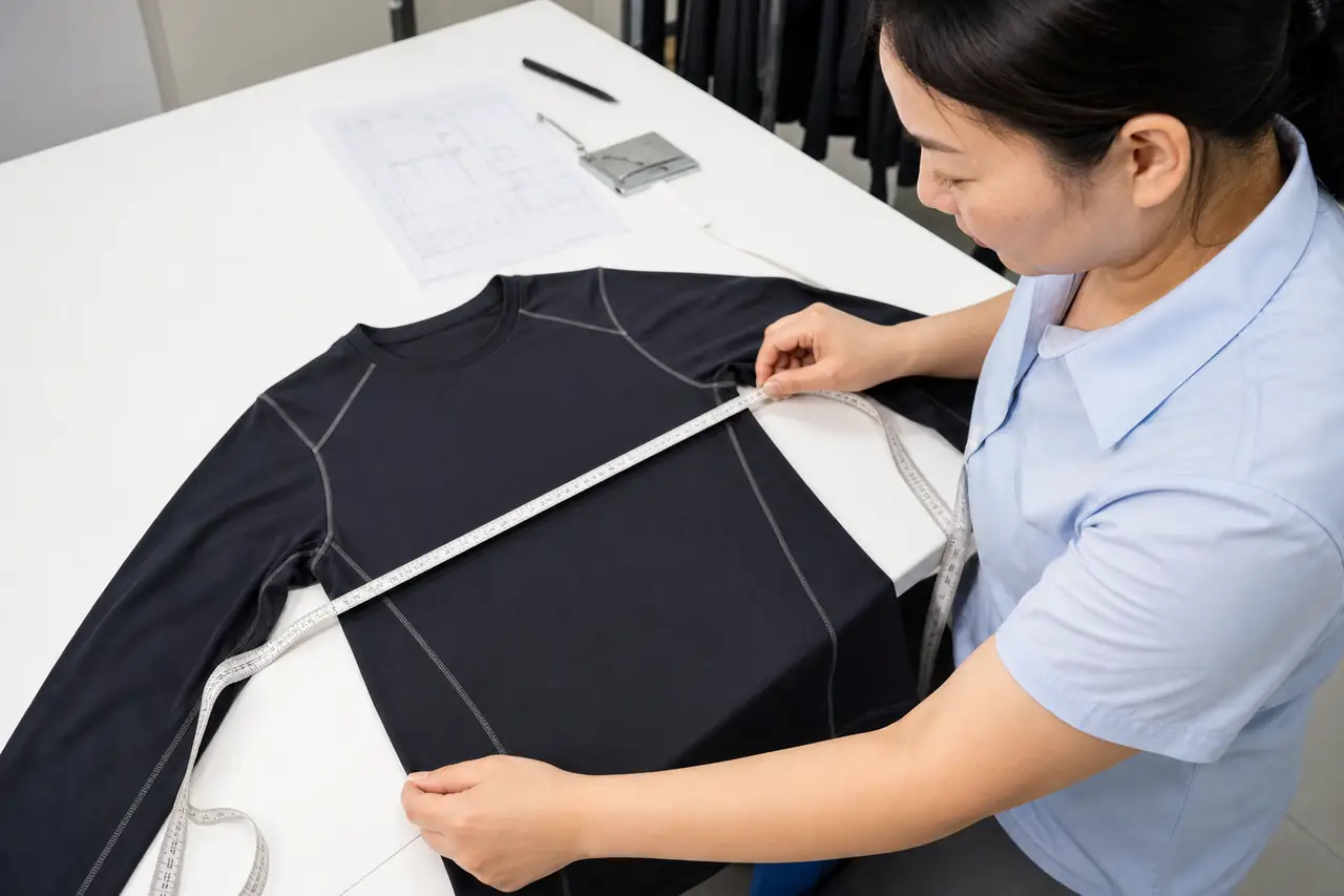 Chinese quality inspector measuring a finished thermal base-layer garment
