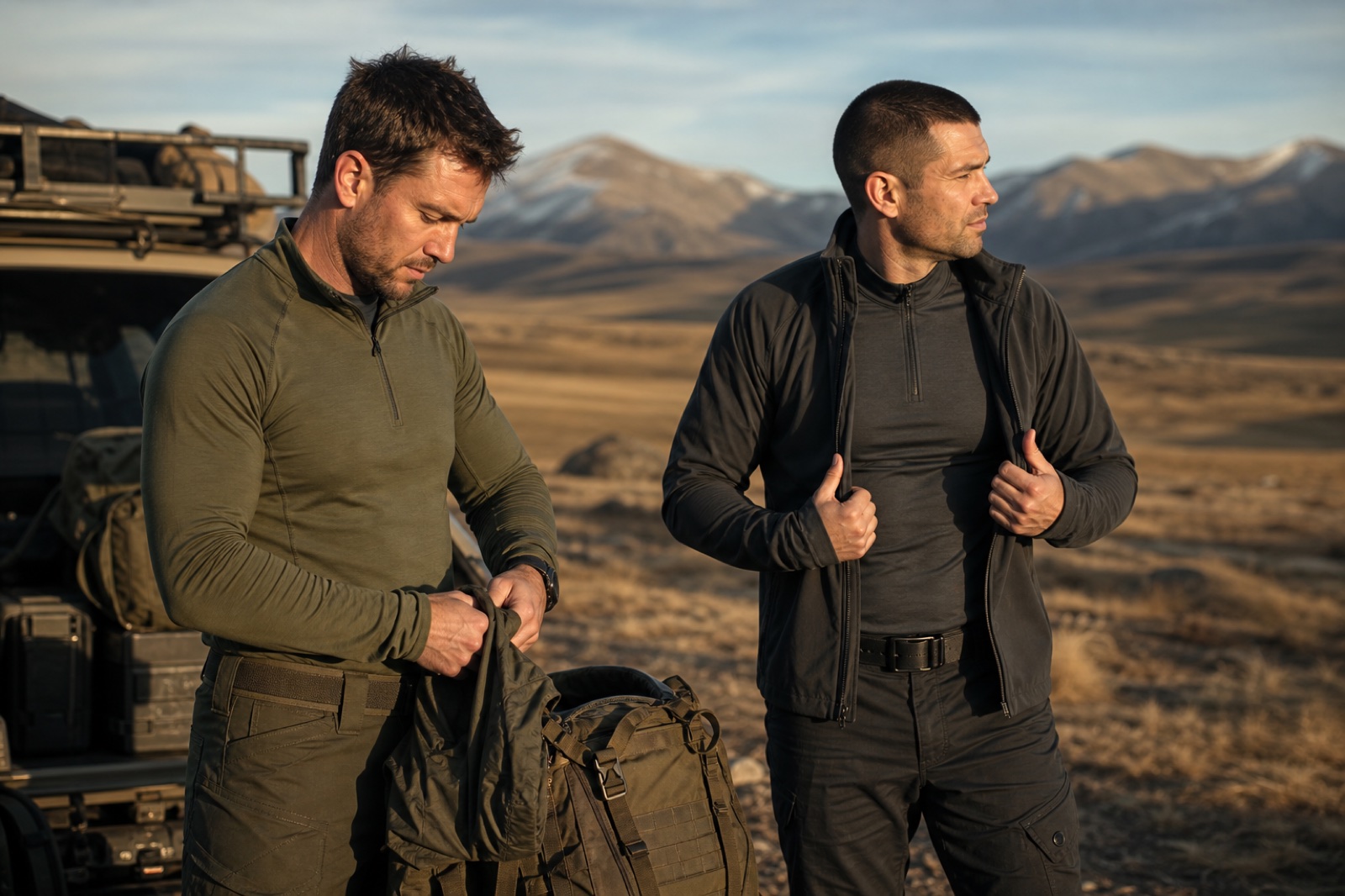 Defense and police personnel preparing layered thermal apparel for changing field conditions