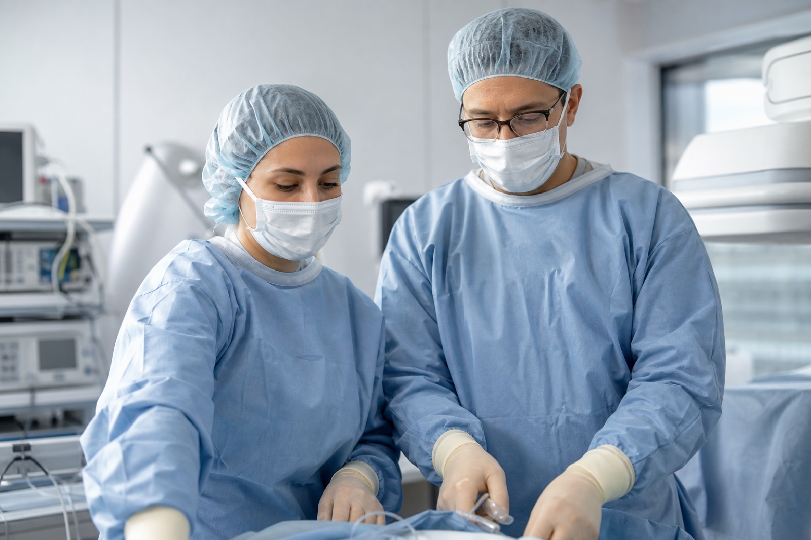 Medical professionals working in protective clothing during a clinical procedure